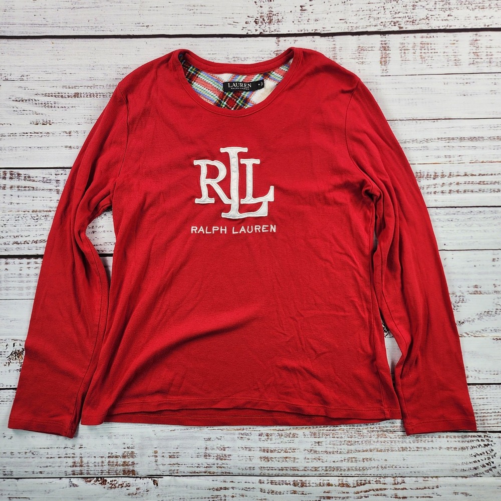 Lauren Ralph Lauren Shirt Womens Medium Red Long Sleeve RLL Big Logo‎ Plaid Yoke